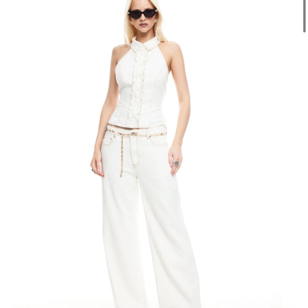 Lioness White Ruffle-Front Halter Collared Top - Picture 2 of 4